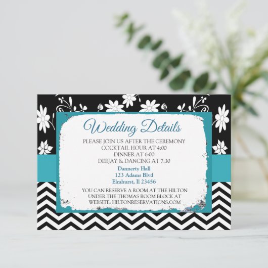 Blauw en zwart trouwdetails kaart (Staand voorkant)