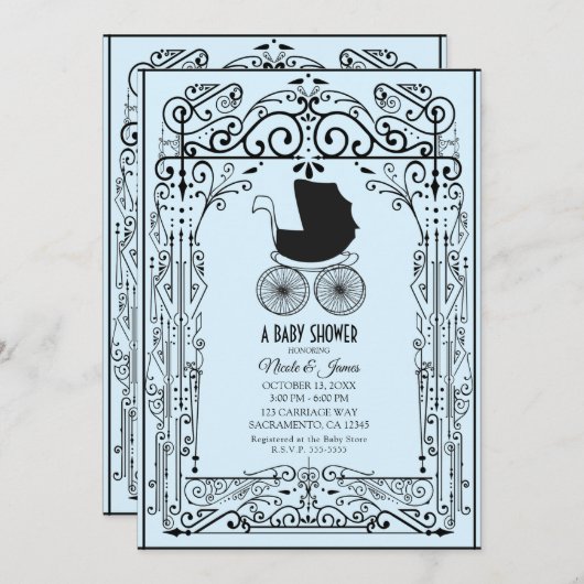 Blauw en zwart  vervoerdeco Baby shower Kaart (Voorkant / Achterkant)