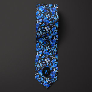Blauw en zwart Waterverf Floral Monogram Stropdas