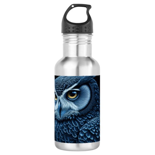 Blauw en Zwarte Serieuze Uil Waterfles (Voorkant)