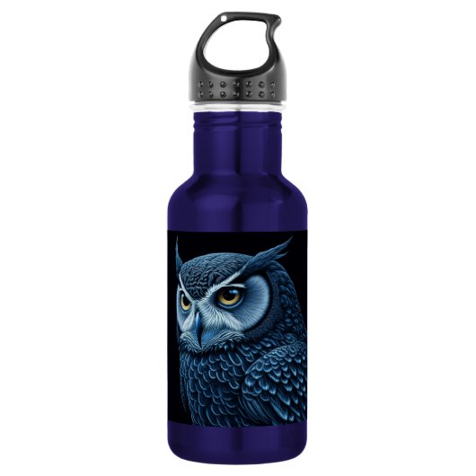 Blauw en Zwarte Serieuze Uil Waterfles (Voorkant)