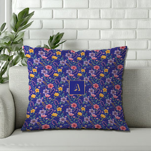 Blauw enkelvoudig wildflower patroon monogram kussen