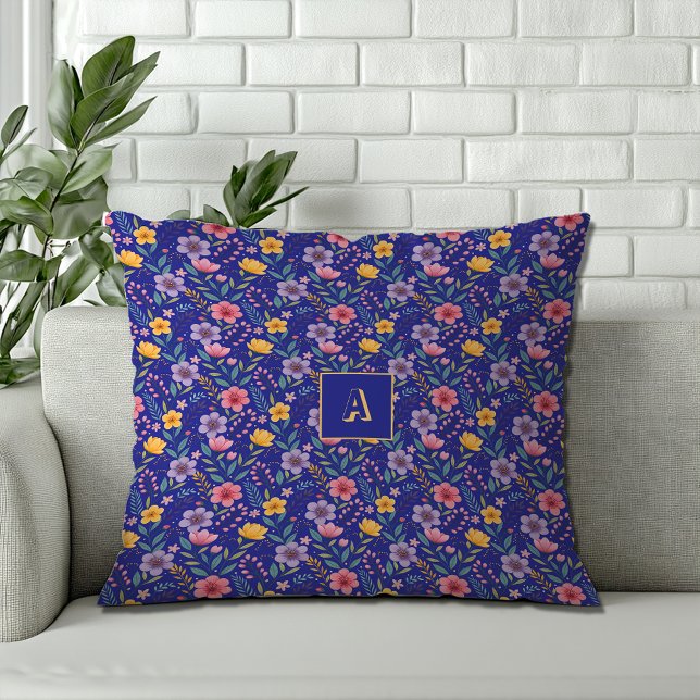 Blauw enkelvoudig wildflower patroon monogram kussen (Creator heeft geüpload)