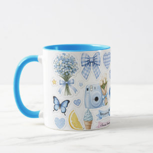 Blauw Esthetisch Sticker Mok – Pastel Bloemen & St