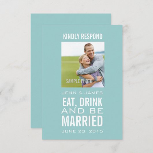 Blauw Eten Drinken en Getrouwd Foto Bruiloft RSVP Kaart (Voorkant / Achterkant)