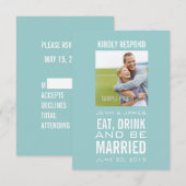 Blauw Eten Drinken en Getrouwd Foto Huwelijk RSVP Kaart (Voorkant / Achterkant)