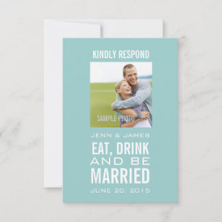 Blauw Eten Drinken Getrouwd Foto Huwelijk RSVP Kaart