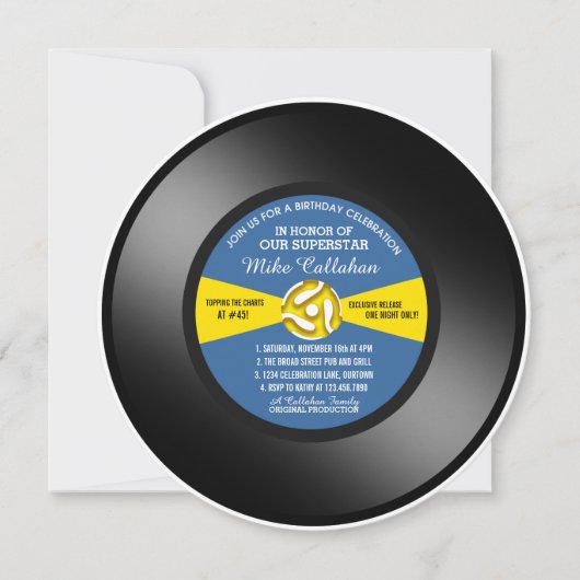 Blauw etiket Vinyl 45 Record Birthday Party Kaart (Voorkant)