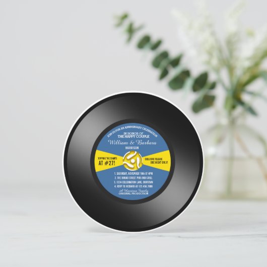 Blauw etiket Vinyl 45 Record Jubileum Party Kaart (Staand voorkant)
