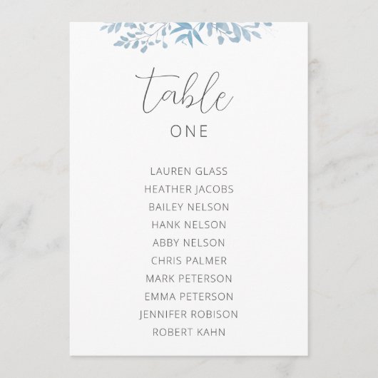 Blauw Eucalyptus Bruiloft Tafelstoelkaartjes (Voorkant)