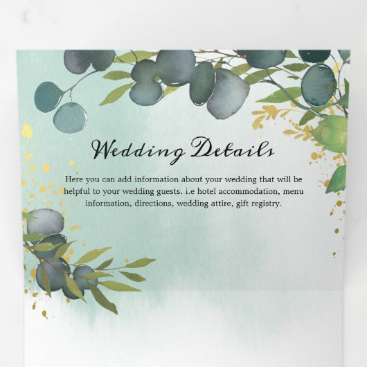 Blauw Eucalyptus groen 3 in 1 bruiloft Drieluik Uitnodiging (Binnenzijde eerst)