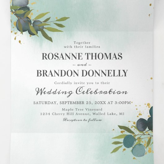 Blauw Eucalyptus groen 3 in 1 bruiloft Drieluik Uitnodiging (Binnenkant midden)