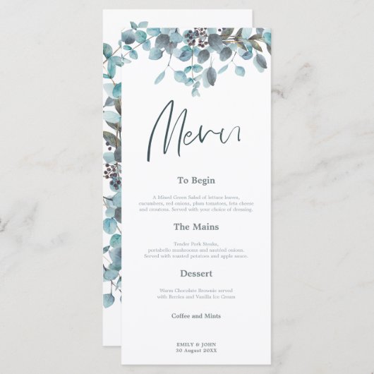 Blauw Eucalyptus laat stijlvol script bruiloft Menu (Voorkant / Achterkant)