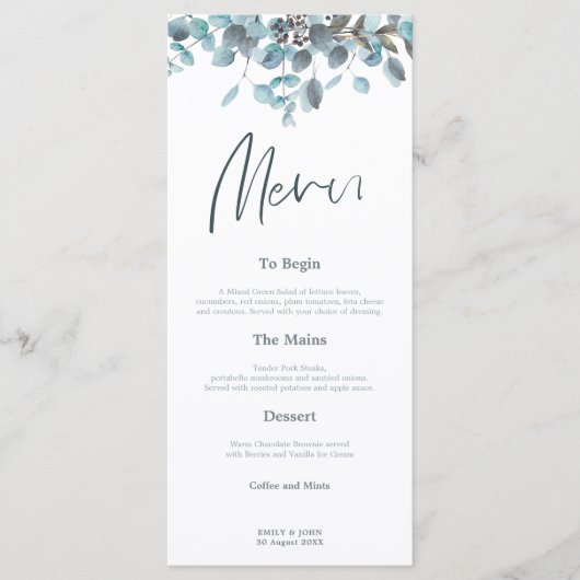 Blauw Eucalyptus laat stijlvol script bruiloft Menu (Voorkant)