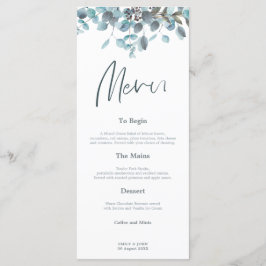 Blauw Eucalyptus laat stijlvol script bruiloft Menu