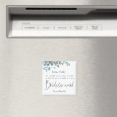 Blauw Eucalyptus Leaf Script Bridesmaid Request Magneet (Insitu (Vaatwasser))