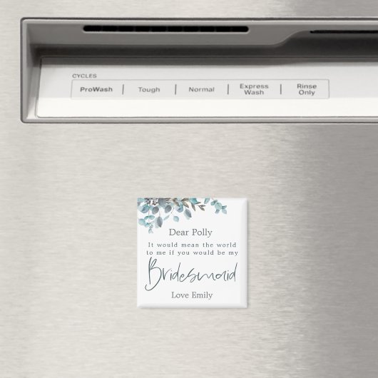 Blauw Eucalyptus Leaf Script Bridesmaid Request Magneet (Insitu (Vaatwasser))