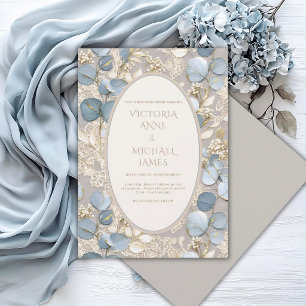 Blauw Eucalyptus Vintage Elegante Trouwuitnodiging Kaart