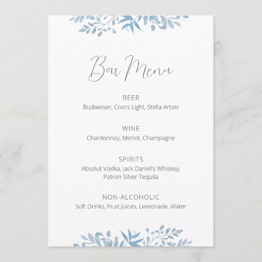 Blauw Eucalyptus Weddenbalk Menu Sign (Voorkant)