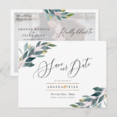 Blauw Eucalyptusblad Save the Date Briefkaart (Voorkant / Achterkant)