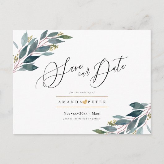 Blauw Eucalyptusblad Save the Date Briefkaart (Voorkant)