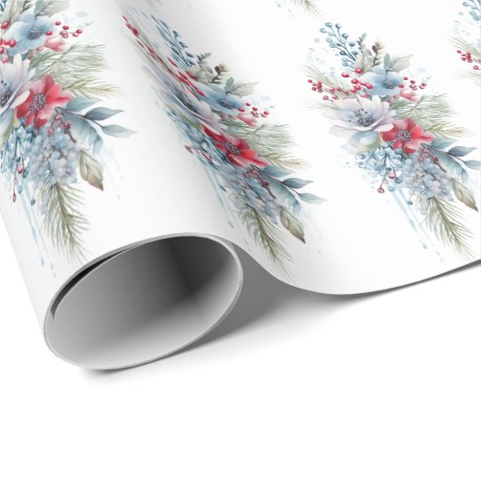 Blauw Evergreen, Blauwe Lente, Rode & Witte Bloeme Cadeaupapier (Rol Hoek)