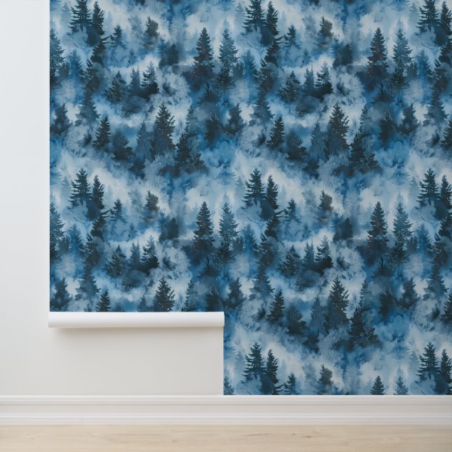 Blauw Evergreen Forest in Mist Behang (Applicatie)