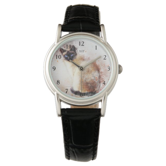 Blauw Eyed Siamese Kat Geschilderd Ontwerp Vrouwen Horloge (Voorkant)