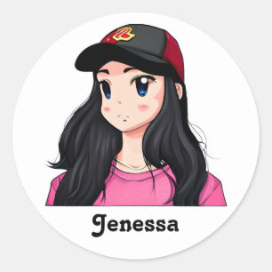 Blauw Eyed Zwart Haar Anime Meisje Gepersonaliseer Ronde Sticker