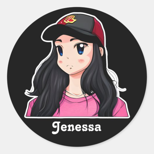 Blauw Eyed Zwart Haar Anime Meisje Gepersonaliseer Ronde Sticker (Voorkant)
