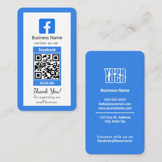 Blauw Facebook Review Visitekaartje met QR-code (Voorkant / Achterkant)