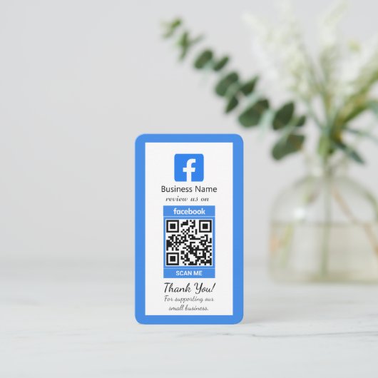 Blauw Facebook Review Visitekaartje met QR-code (Staand voorkant)
