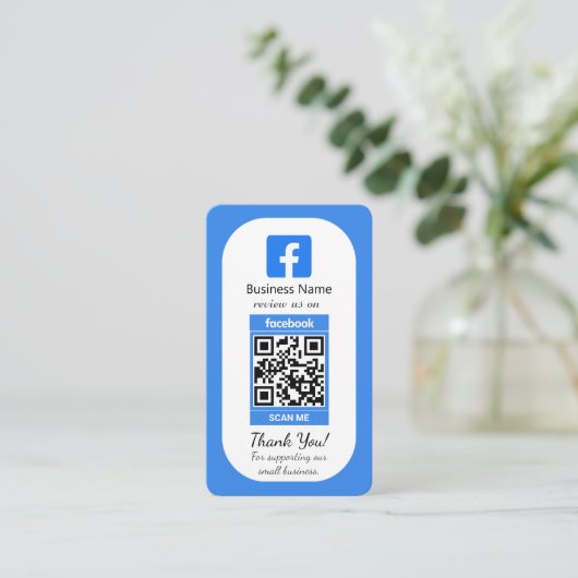 Blauw Facebook Review Visitekaartje met QR-code (Staand voorkant)