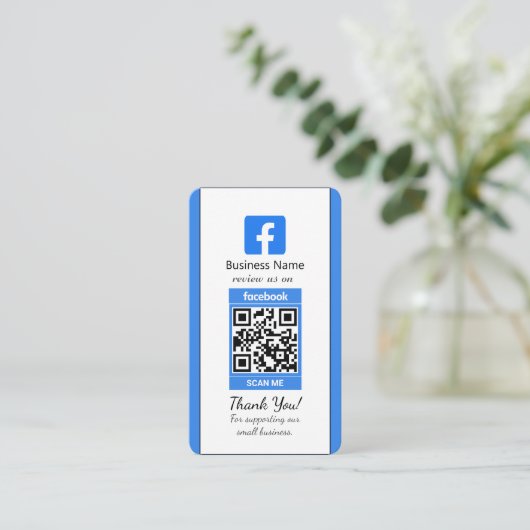 Blauw Facebook Review Visitekaartje met QR-code (Staand voorkant)