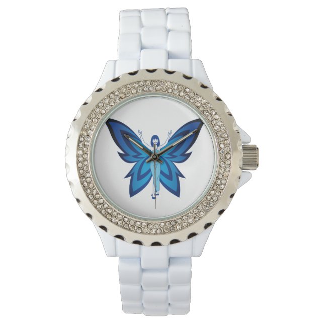 Blauw Faery vrouwen strass emaille horloge (Voorkant)