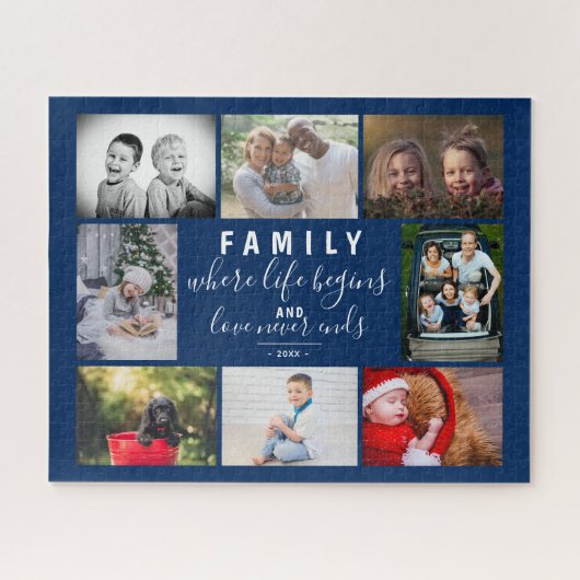 Blauw Familie 8 Fotocollage Gezegde Script Legpuzzel (Horizontaal)