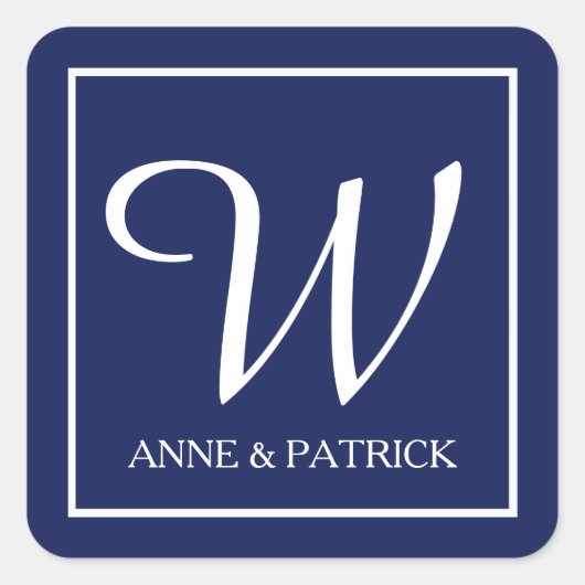 Blauw familie initiaal monogram & namen, bruiloft vierkante sticker (Voorkant)