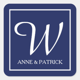 Blauw familie initiaal monogram & namen, bruiloft vierkante sticker