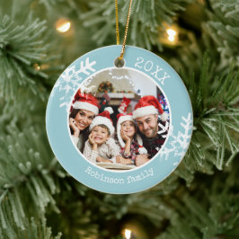 Blauw familie kerst foto sneeuwvlokken keramisch ornament