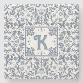 Blauw Fancy Bloemen Grafisch Patroon Gepersonalise Stenen Onderzetter (Voorkant)