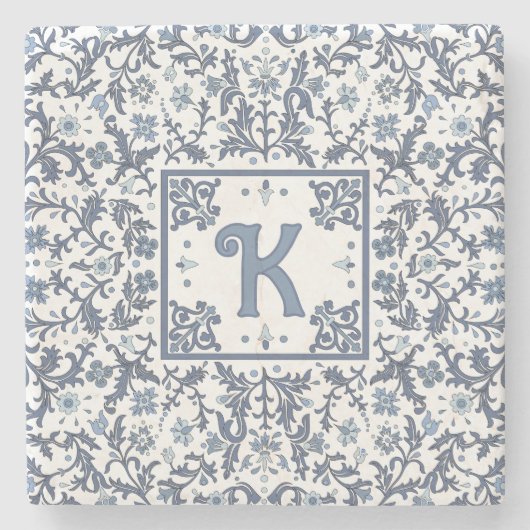 Blauw Fancy Bloemen Grafisch Patroon Gepersonalise Stenen Onderzetter (Voorkant)
