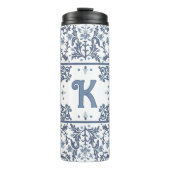Blauw Fancy Bloemen Grafisch Patroon Gepersonalise Thermosbeker (Voorkant)