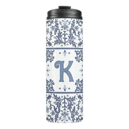 Blauw Fancy Bloemen Grafisch Patroon Gepersonalise Thermosbeker (Voorkant)