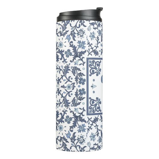 Blauw Fancy Bloemen Grafisch Patroon Gepersonalise Thermosbeker (Gedraaid links)