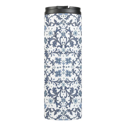 Blauw Fancy Bloemen Grafisch Patroon Gepersonalise Thermosbeker (Achterkant)