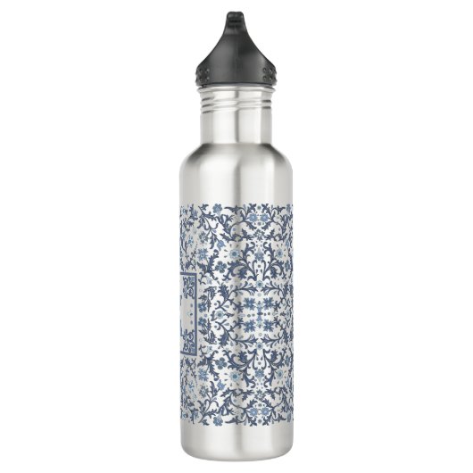Blauw Fancy Bloemen Grafisch Patroon Gepersonalise Waterfles (Rechts)