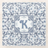 Blauw Fancy Bloemenkaart gepersonaliseerd Glazen Onderzetter (Voorkant)