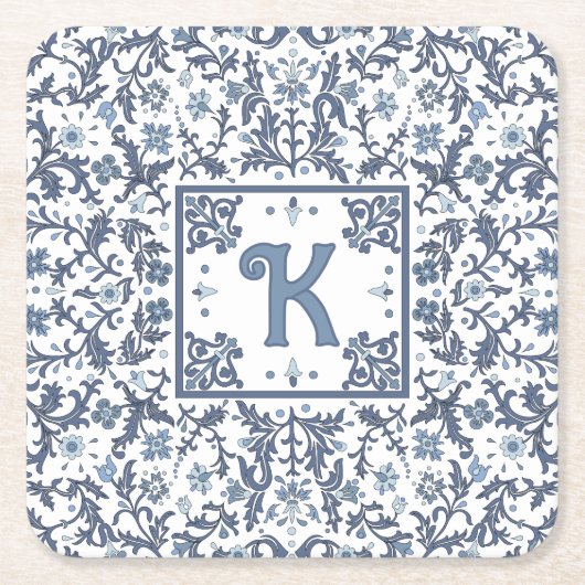 Blauw Fancy Bloemenkaart gepersonaliseerd Kartonnen Onderzetters (Voorkant)