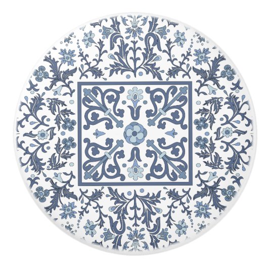 Blauw Fancy bloemmotief Keramische Knop (Voorkant)