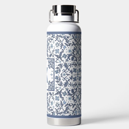 Blauw Fancy bloempatroon gepersonaliseerd Waterfles (Achterkant)